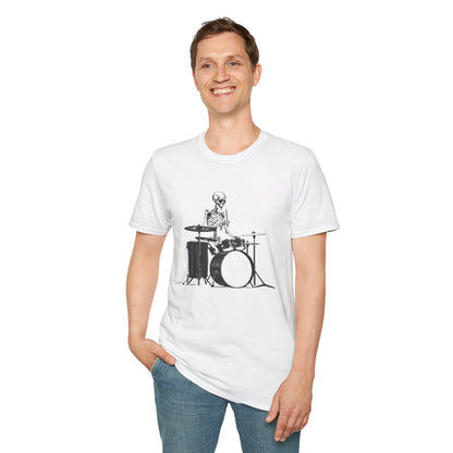 Skeleton silhouette playing drums in a circular background graphic.