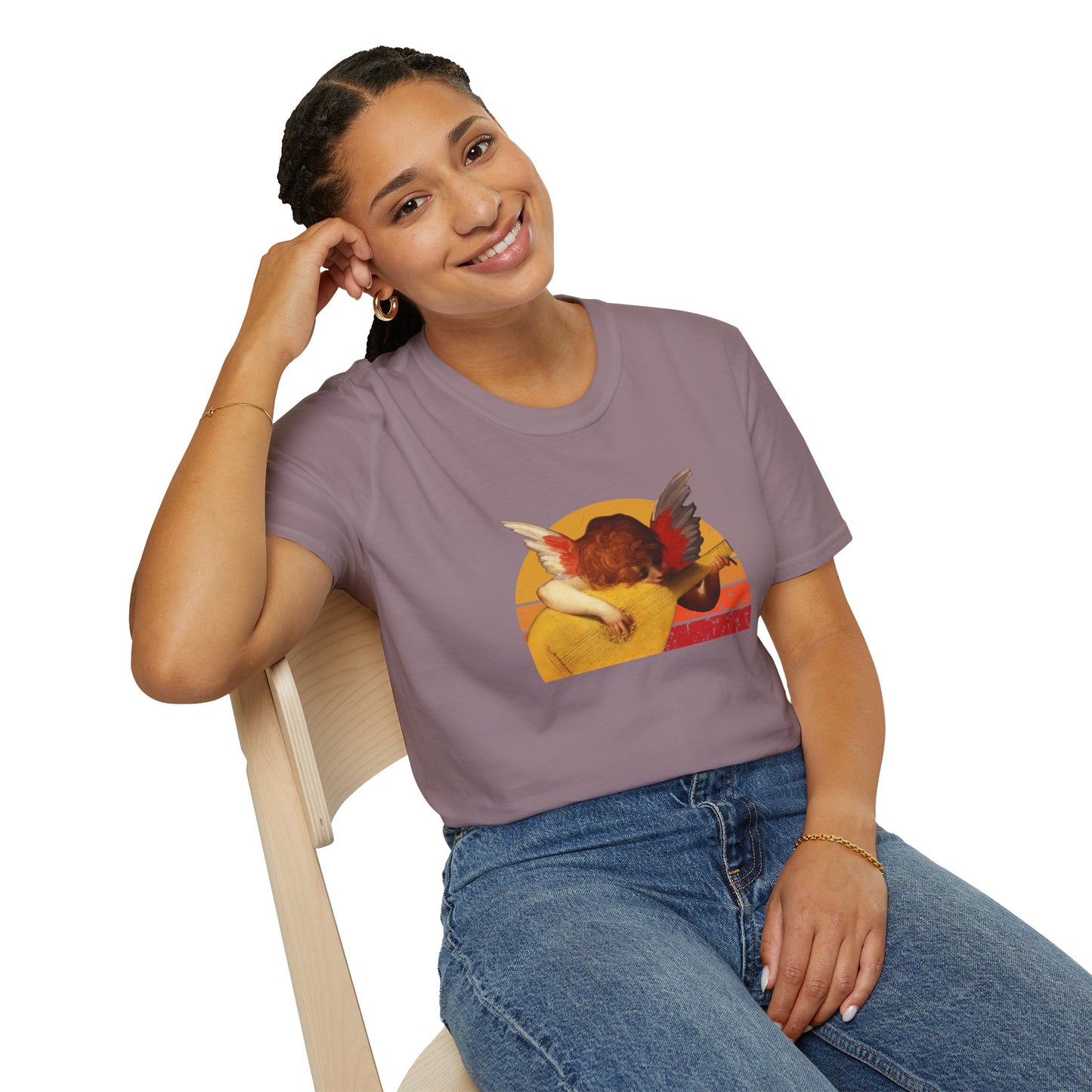 Cherub playing guitar in circular retro sunset.