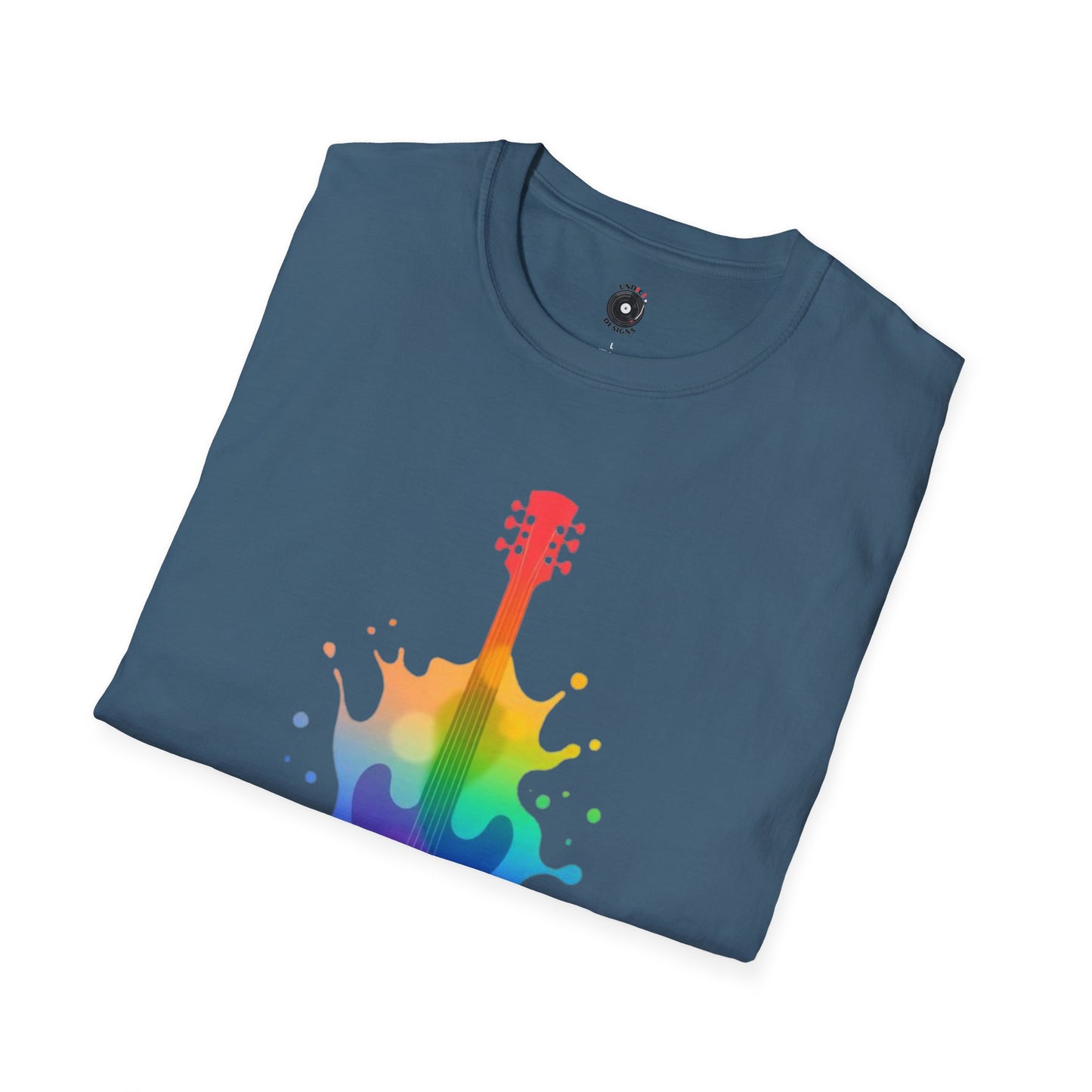 Colorful hollow body guitar in a vibrant splash graphic.