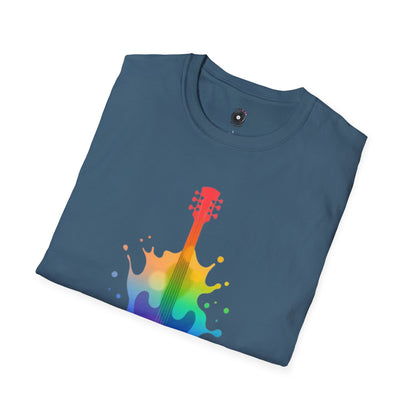 Colorful hollow body guitar in a vibrant splash graphic.