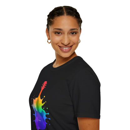 Colorful hollow body guitar in a vibrant splash graphic.