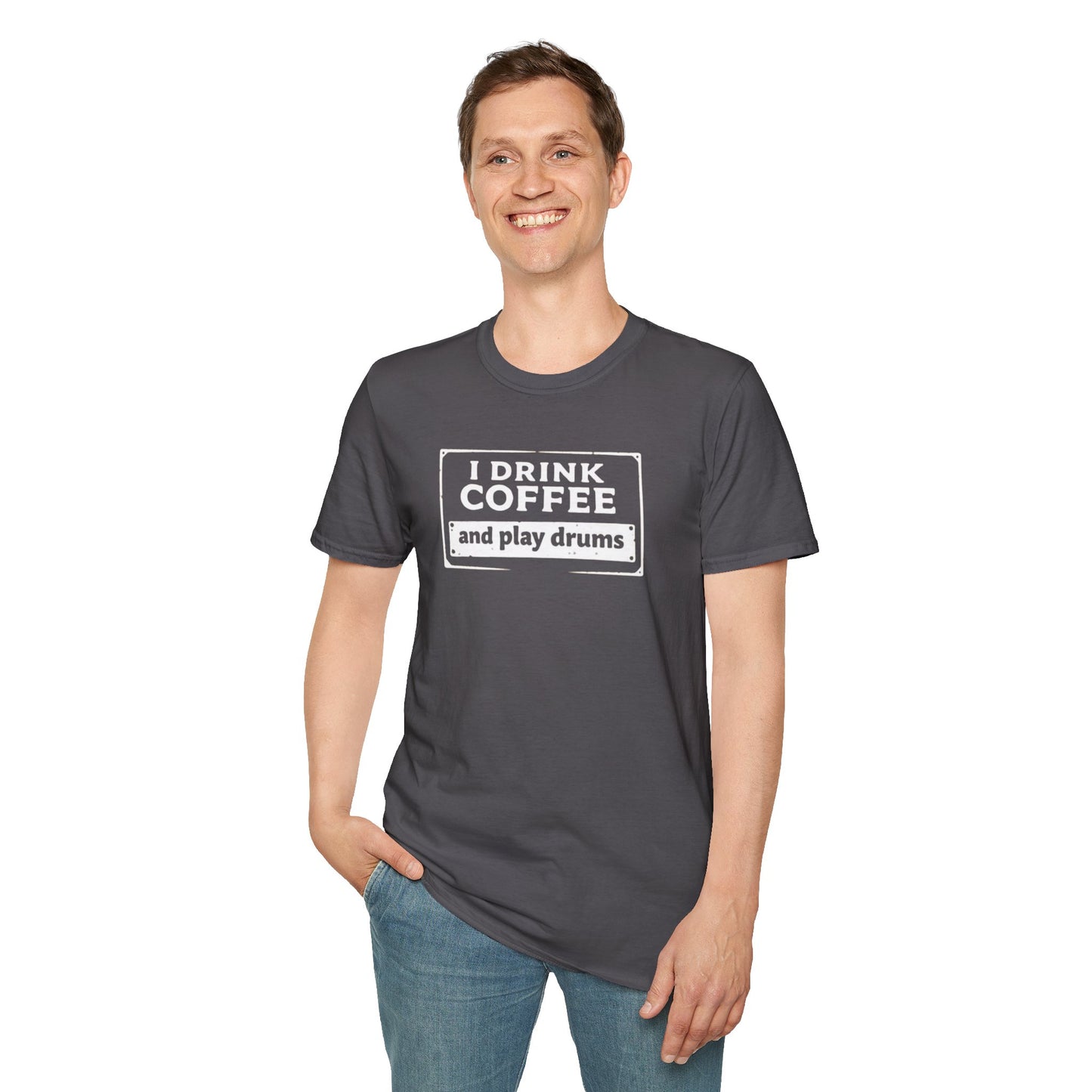 "I drink coffee and play drums" in a stamplike design