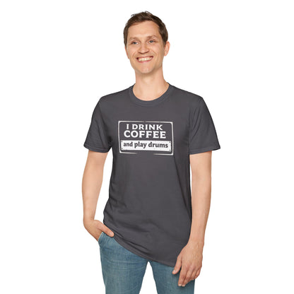 "I drink coffee and play drums" in a stamplike design
