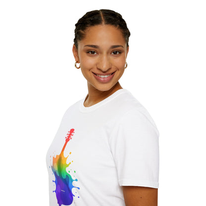 Colorful hollow body guitar in a vibrant splash graphic.