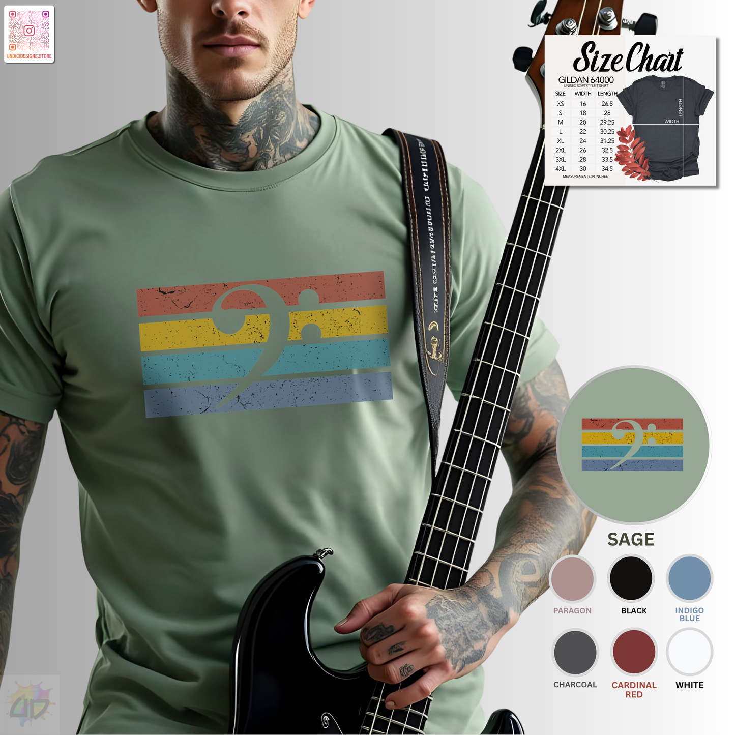 Bass clef on retro sunset graphic tee.