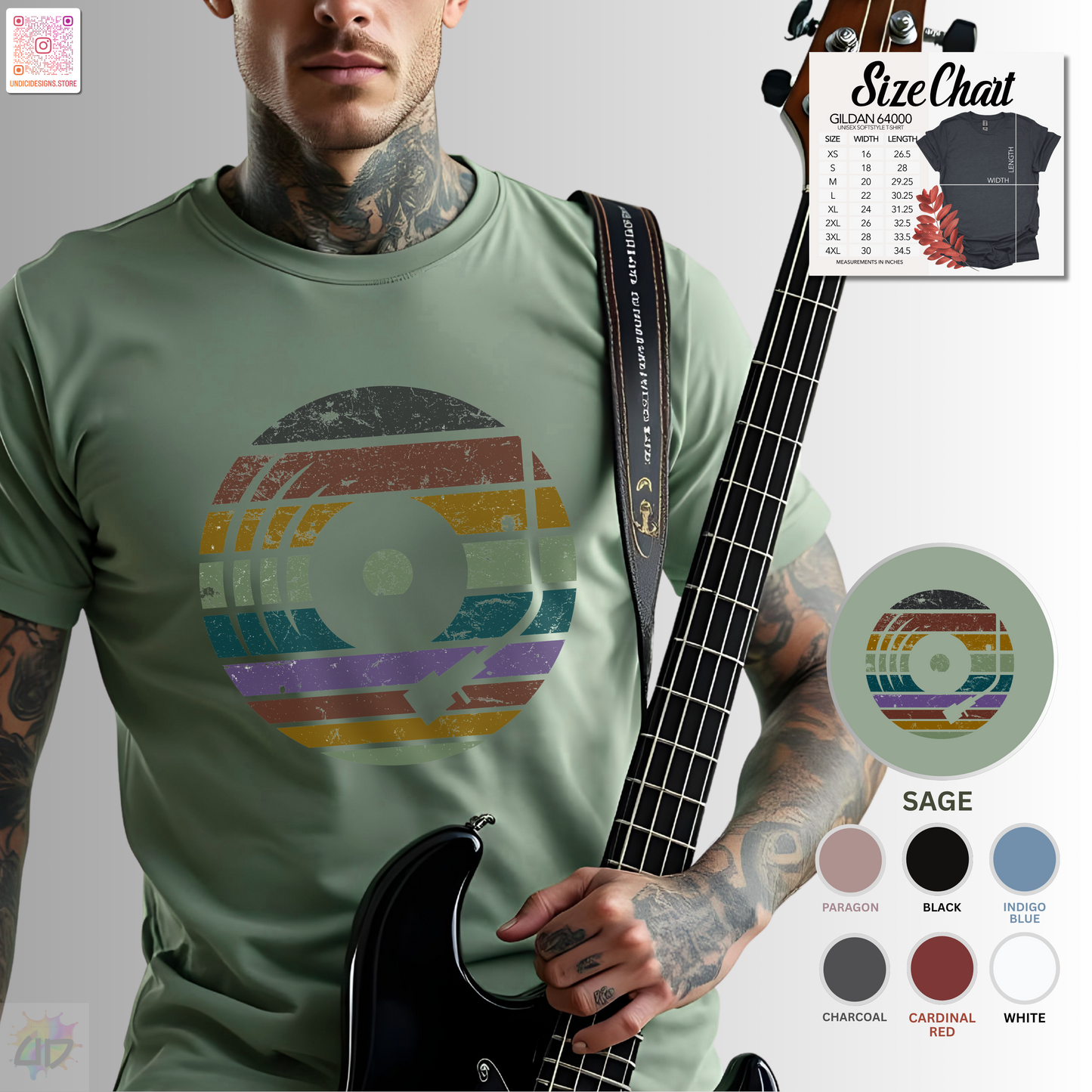 Vinyl record graphic in retro sunset tee.