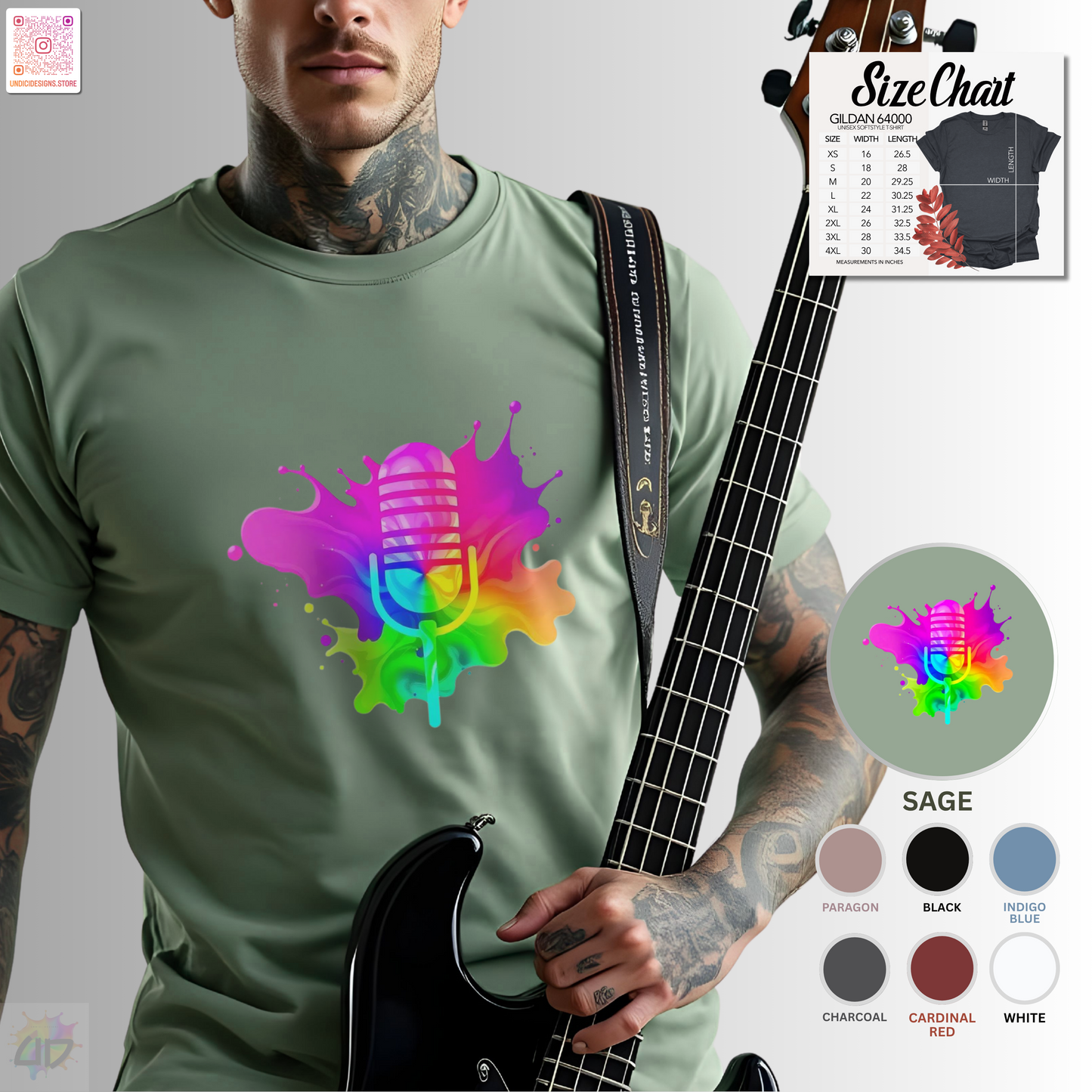 Colorful microphone in a vibrant splash graphic tee.