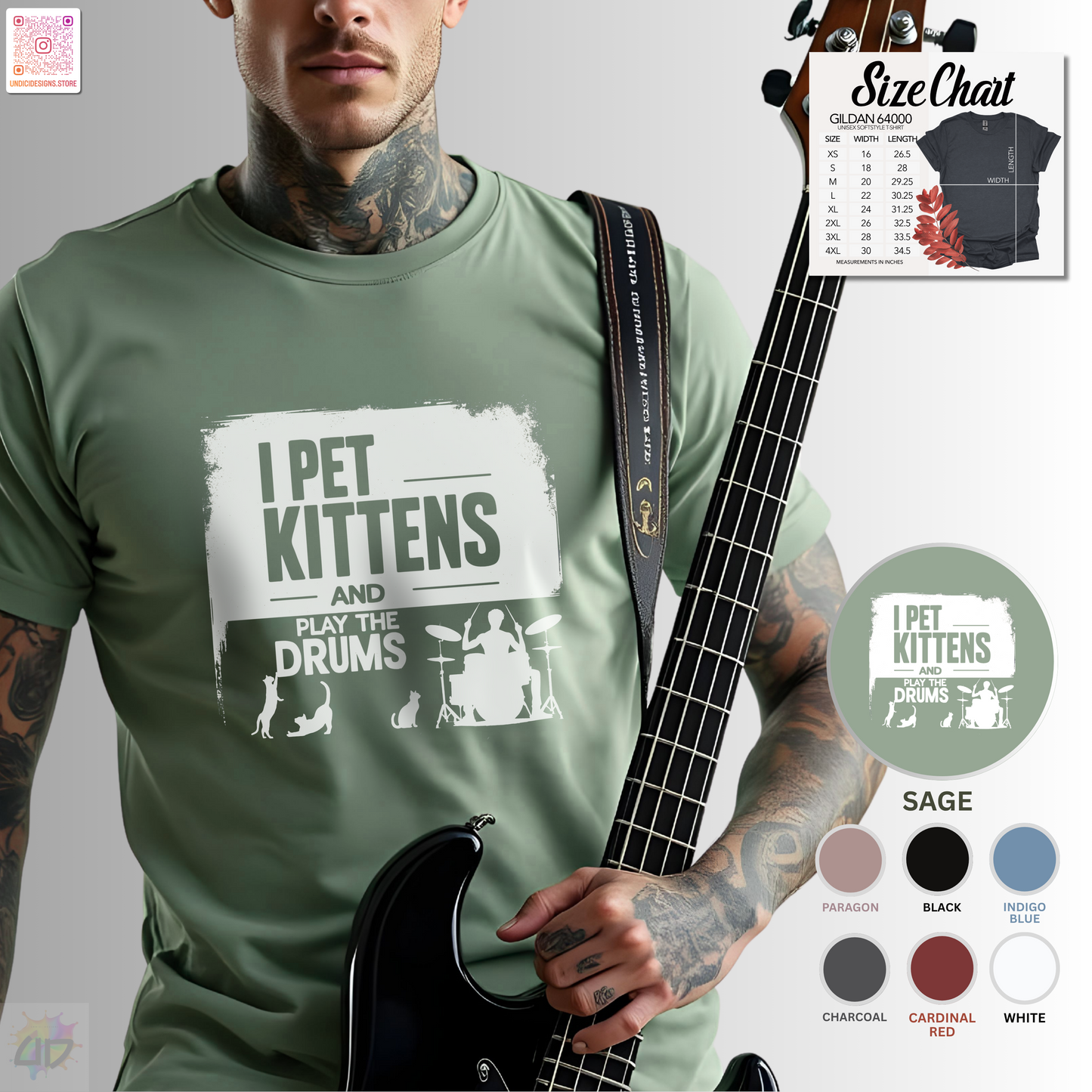 "I pet kittens and play the drums" in highlight graphic tee.