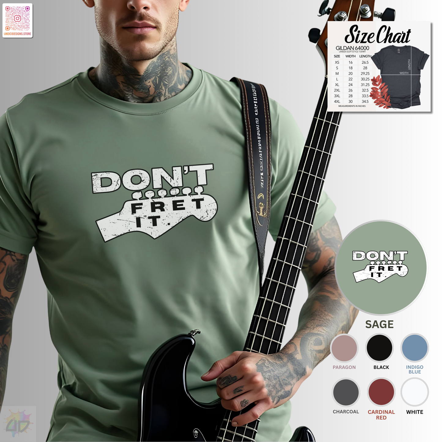"Don't fret it" guitar headstock graphic tee.