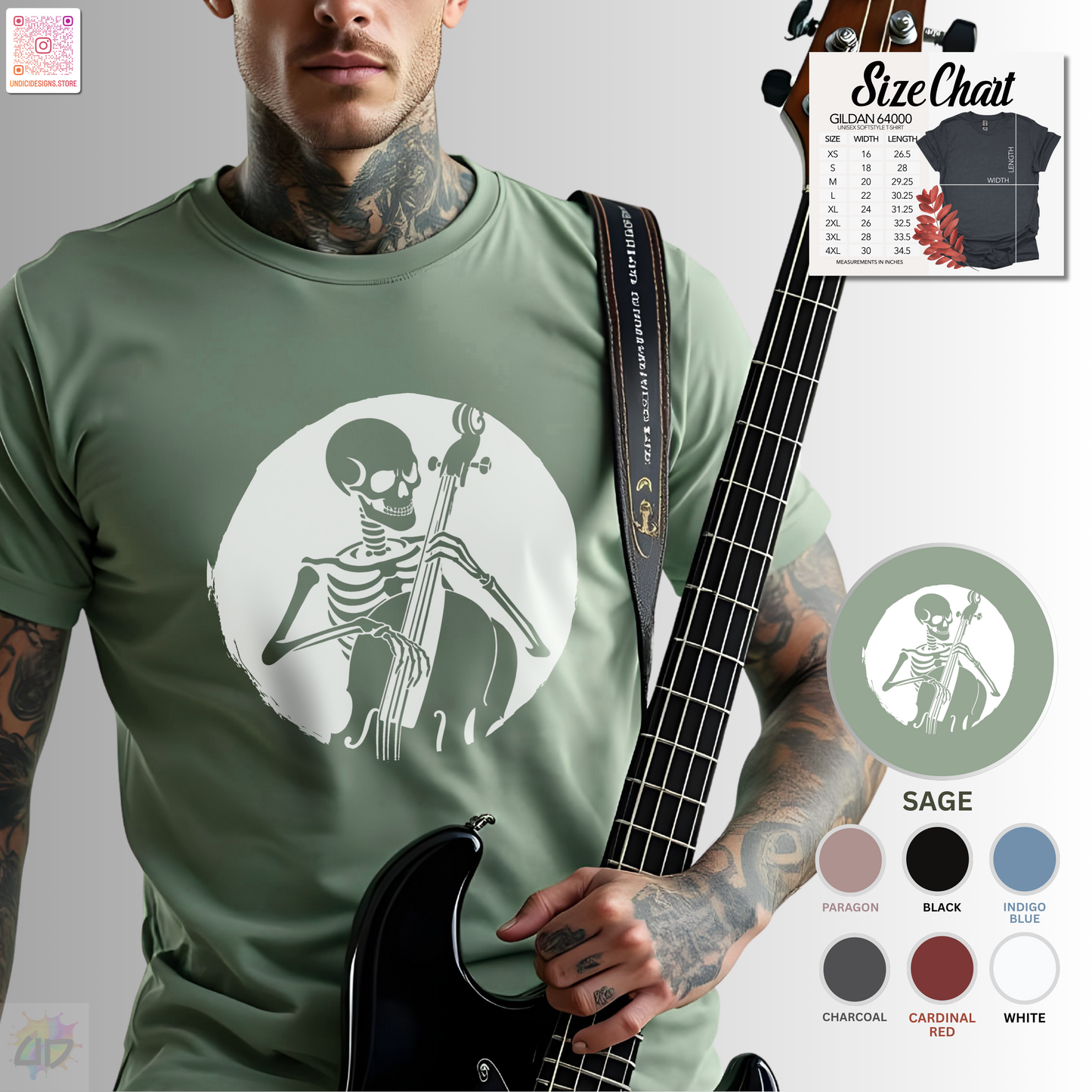 Skeleton silhouette playing upright bass in a circular background graphic tee.