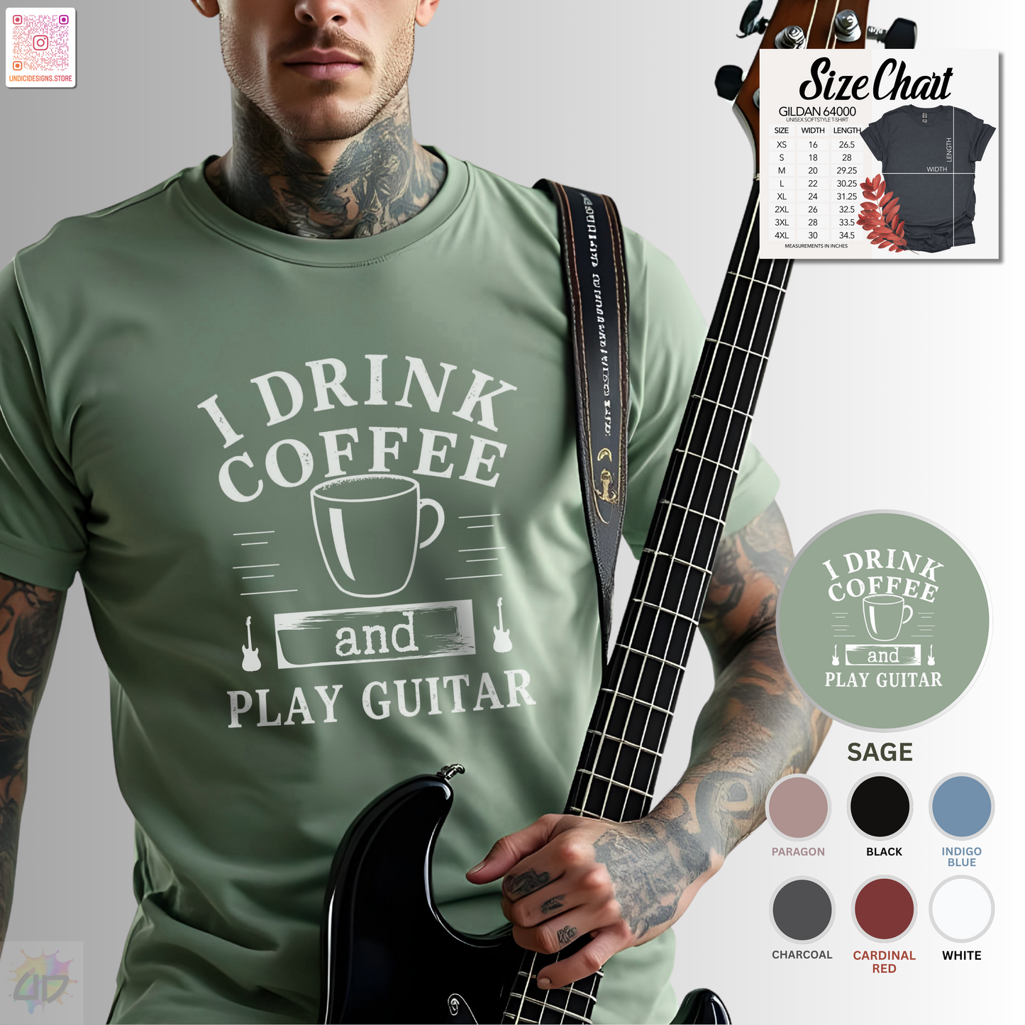 "I drink coffee and play guitar" graphic with coffee cup tee.