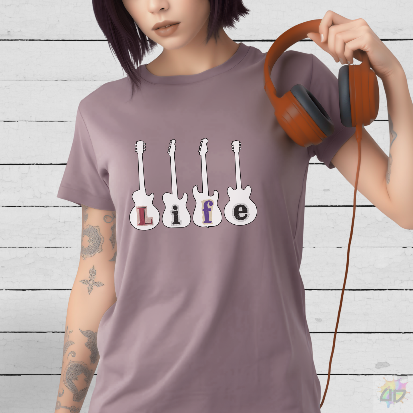 "Life" in Four Guitar Silhouettes Graphic Tee.