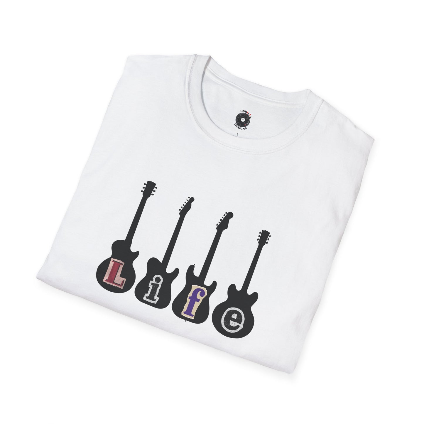 "Life" in four white guitar silhouettes
