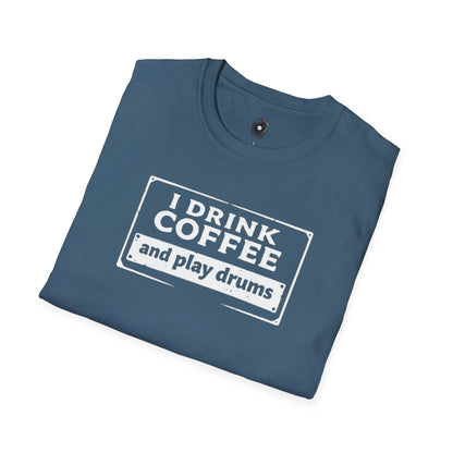 "I drink coffee and play drums" in a stamplike design