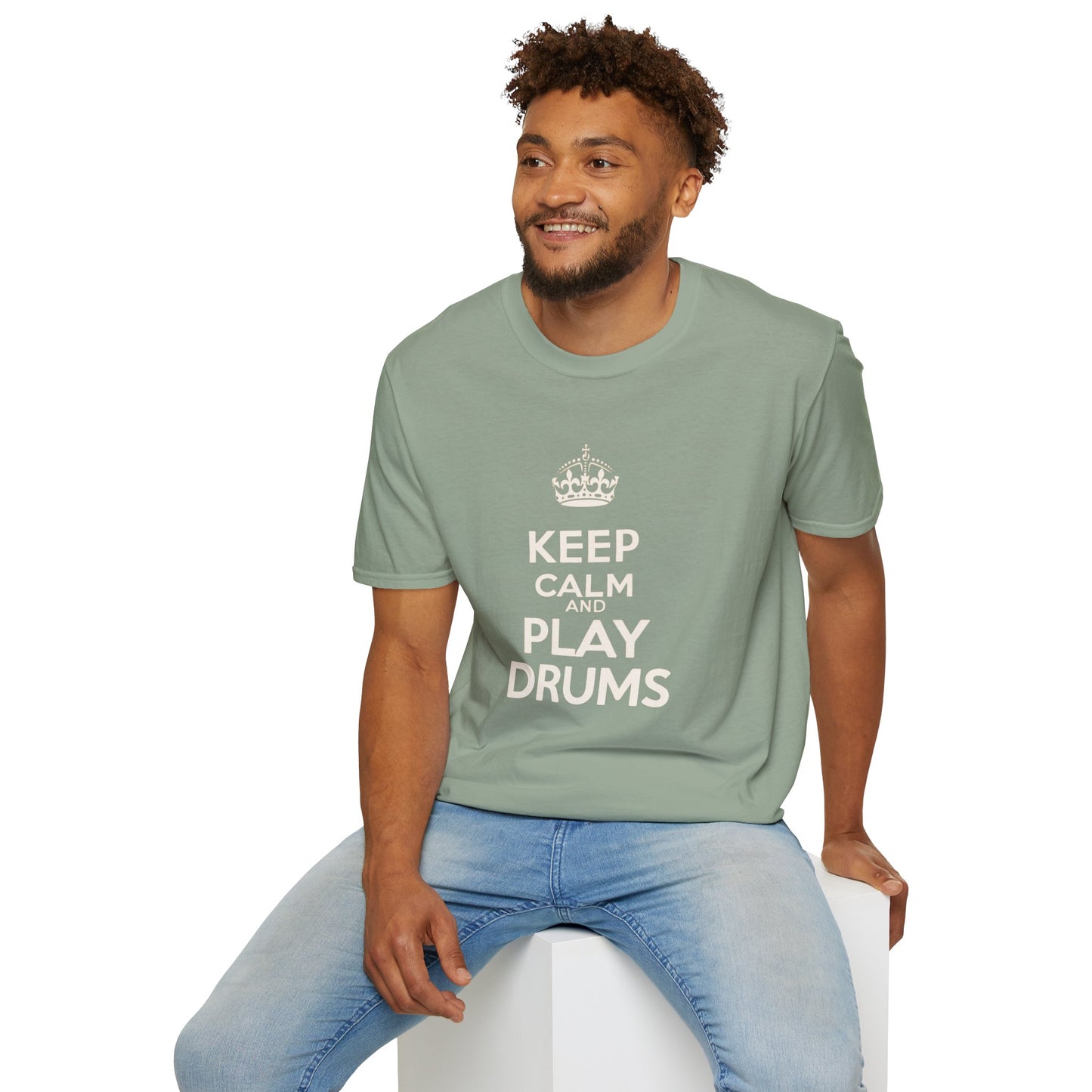 "Keep calm and play drums" text graphic tee.