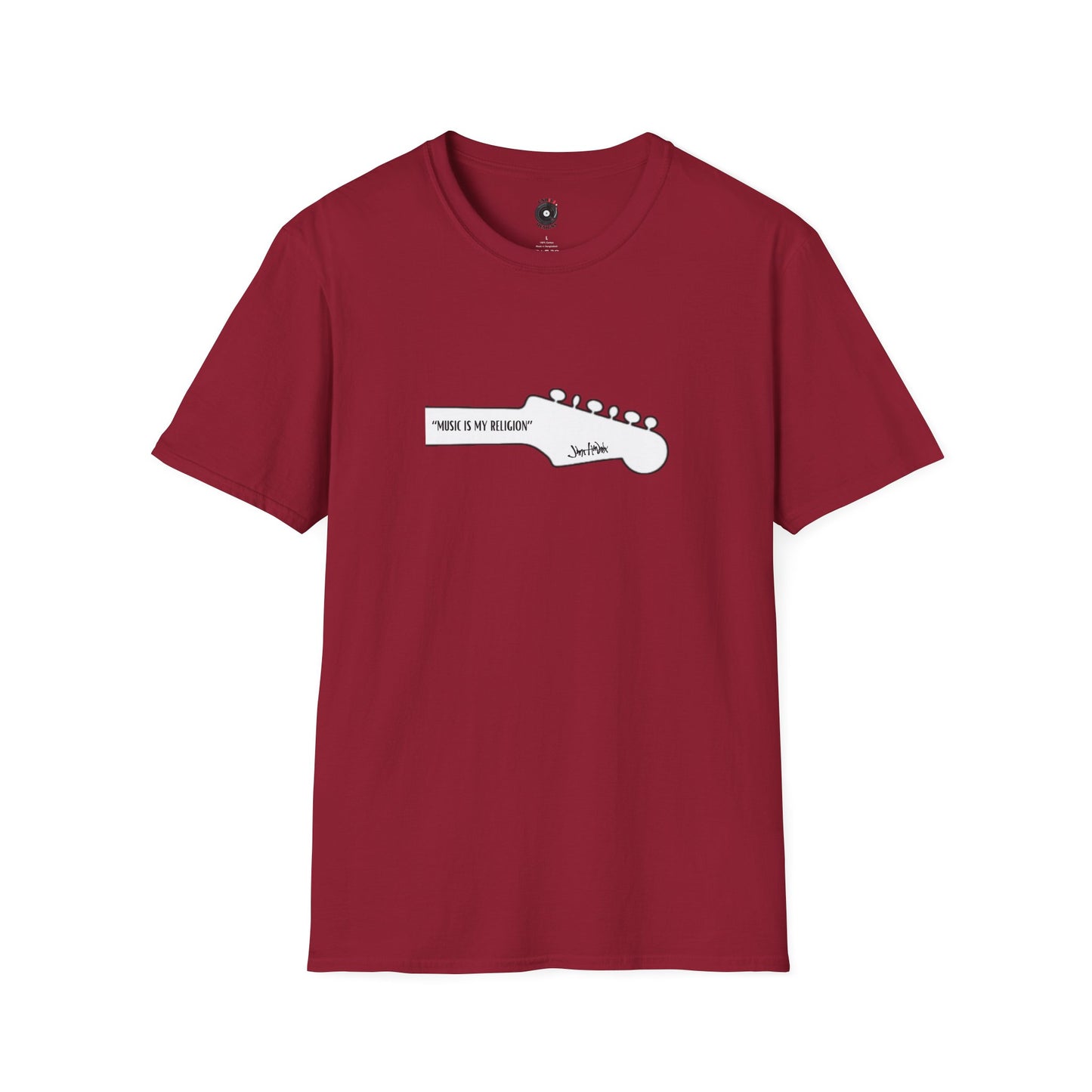 "Music Is My Religion" JH Quote on Guitar Headstock Graphic Tee.