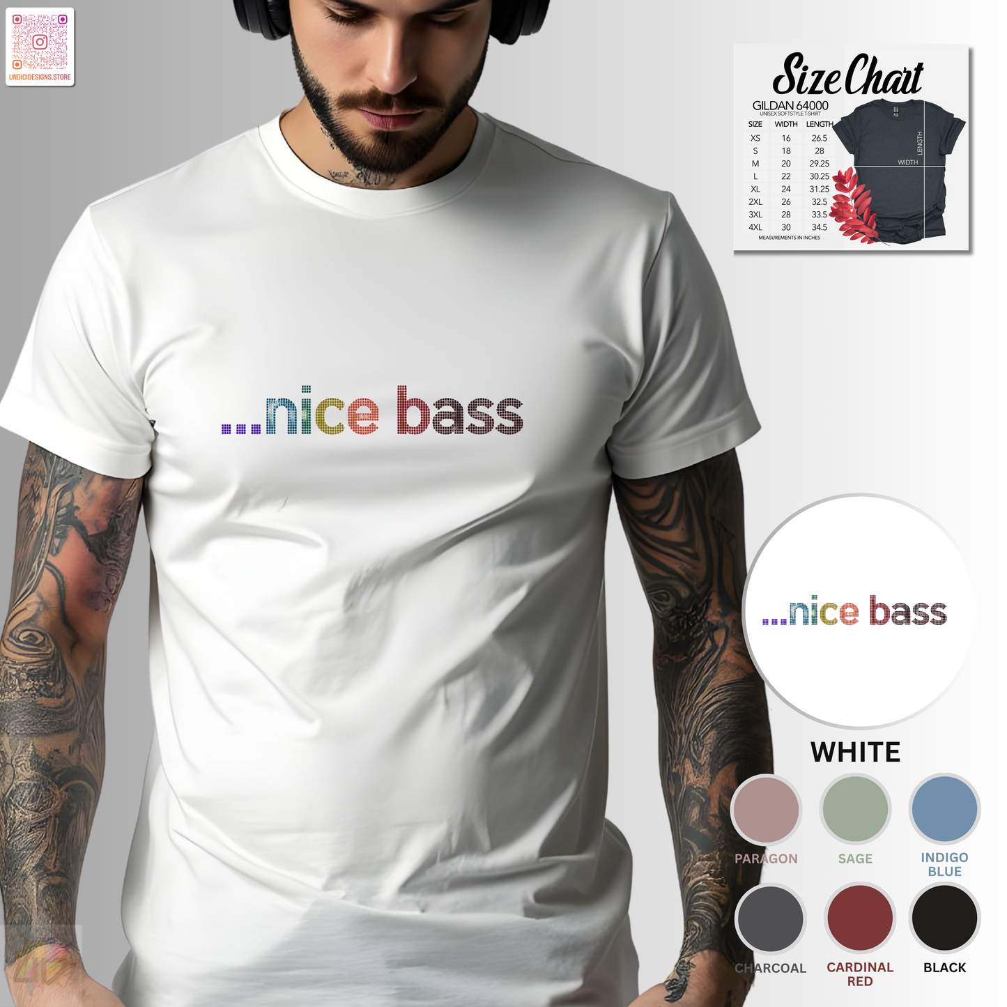 "...Nice Bass" in colorful pixelated lettering, graphic tee.