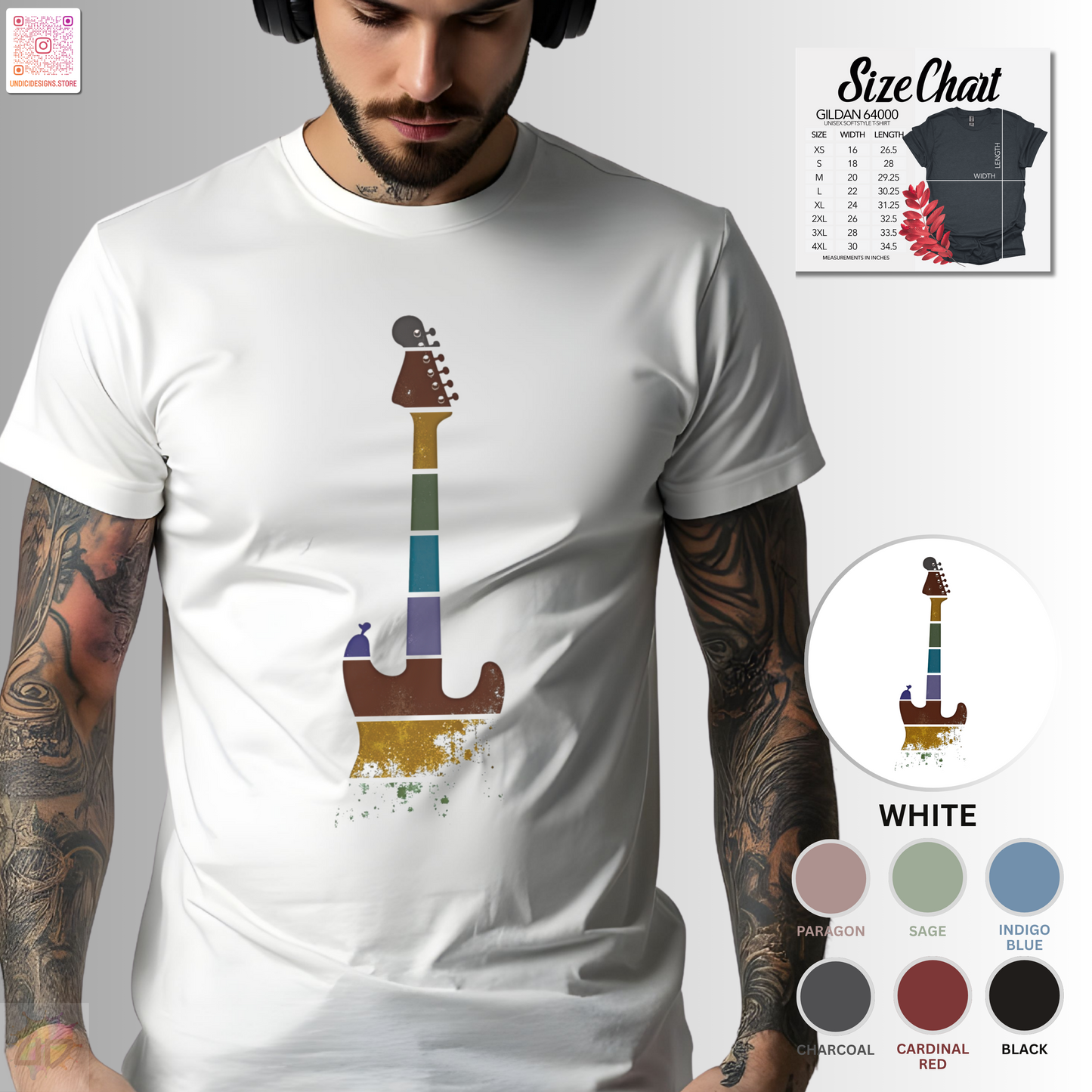 Retro sunset grunge strat style guitar silhouette graphic tee.