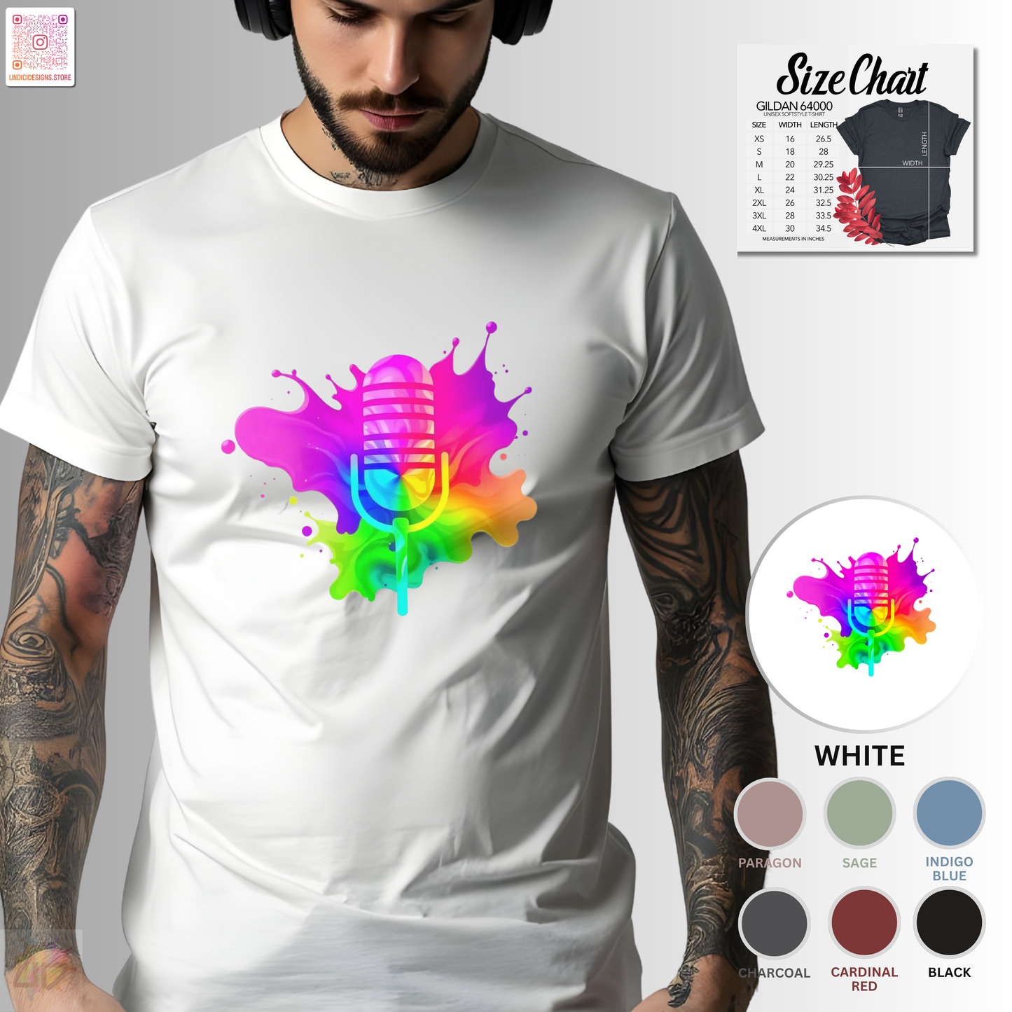 Colorful microphone in a vibrant splash graphic tee.
