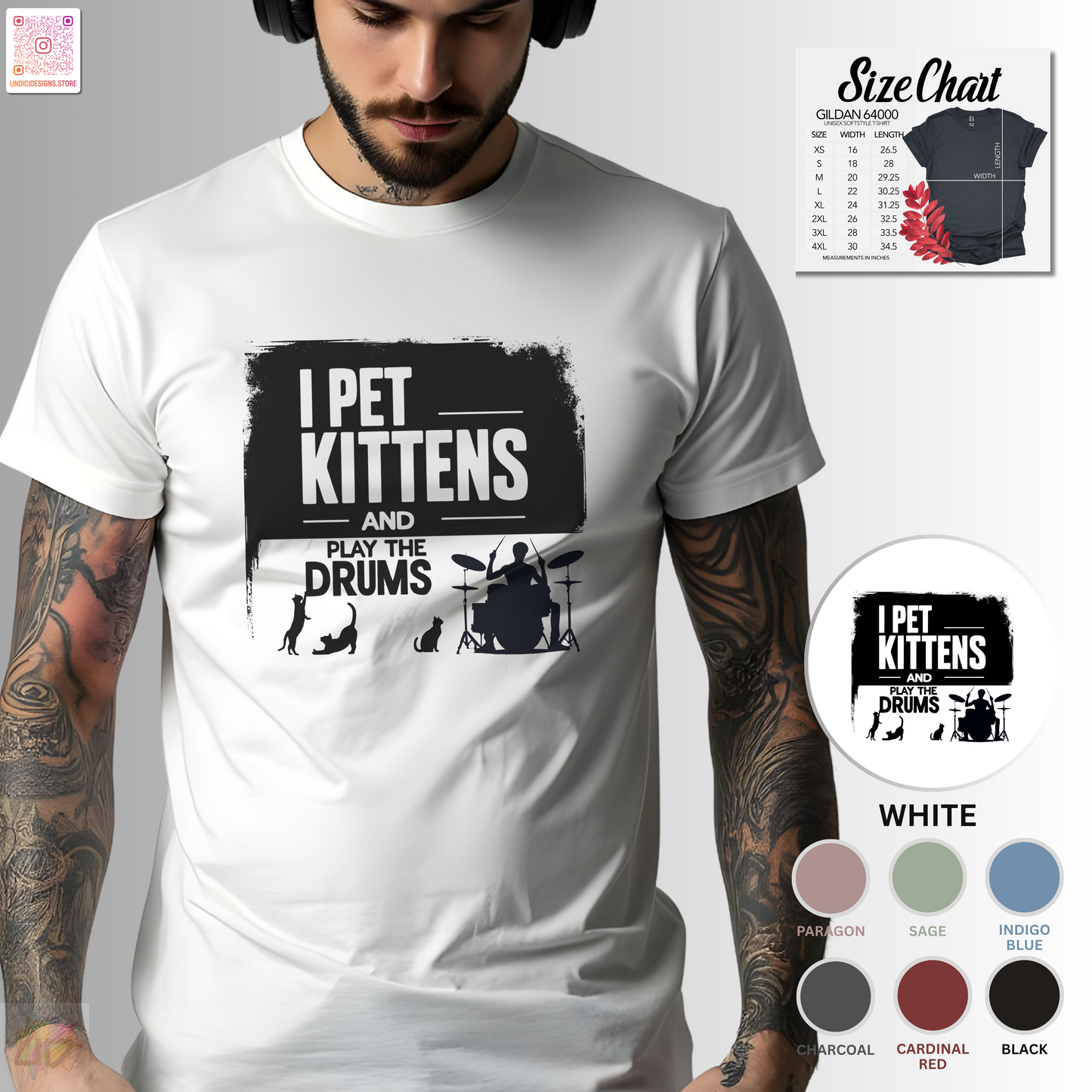 "I pet kittens and play the drums" in highlight graphic tee.