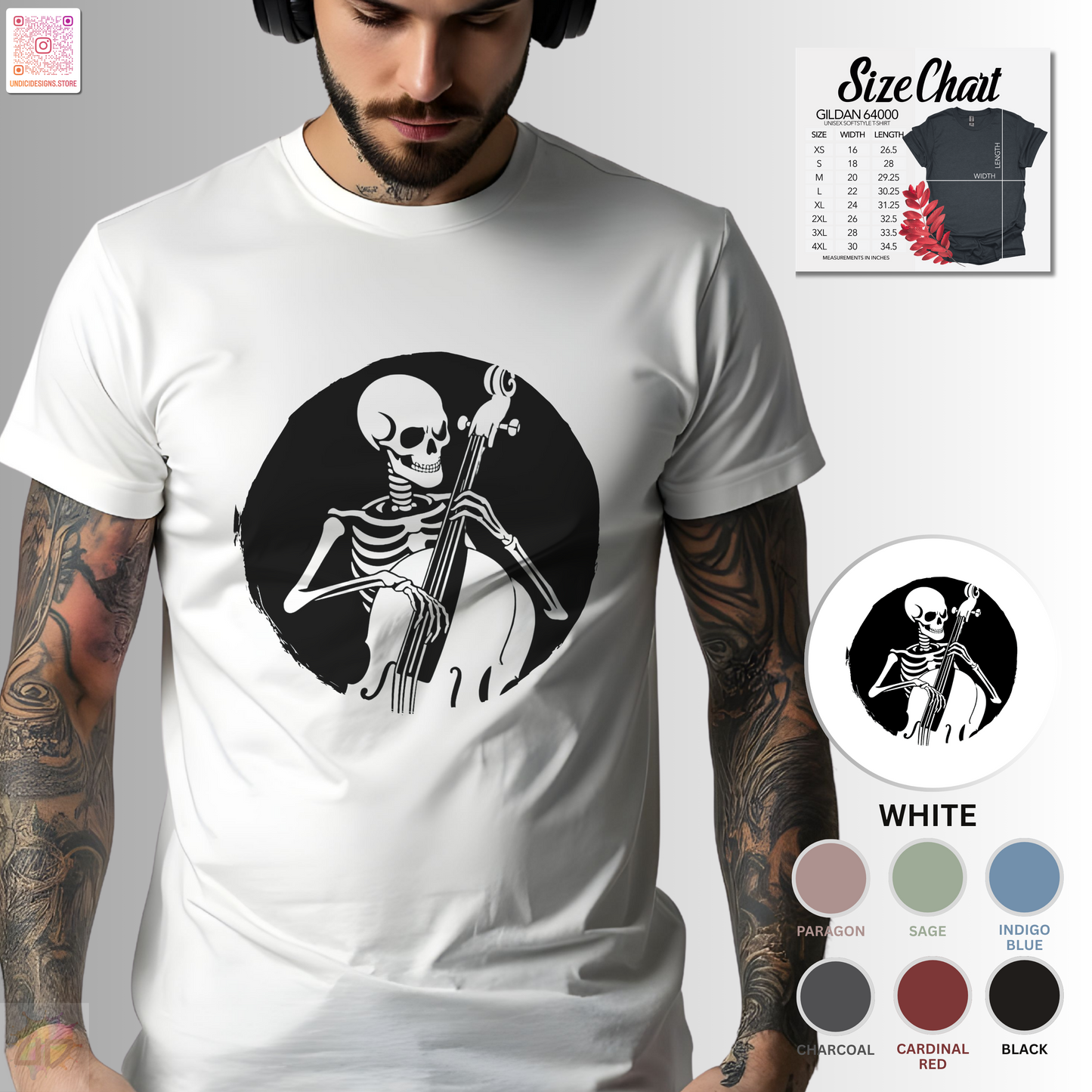 Skeleton silhouette playing upright bass in a circular background graphic tee.