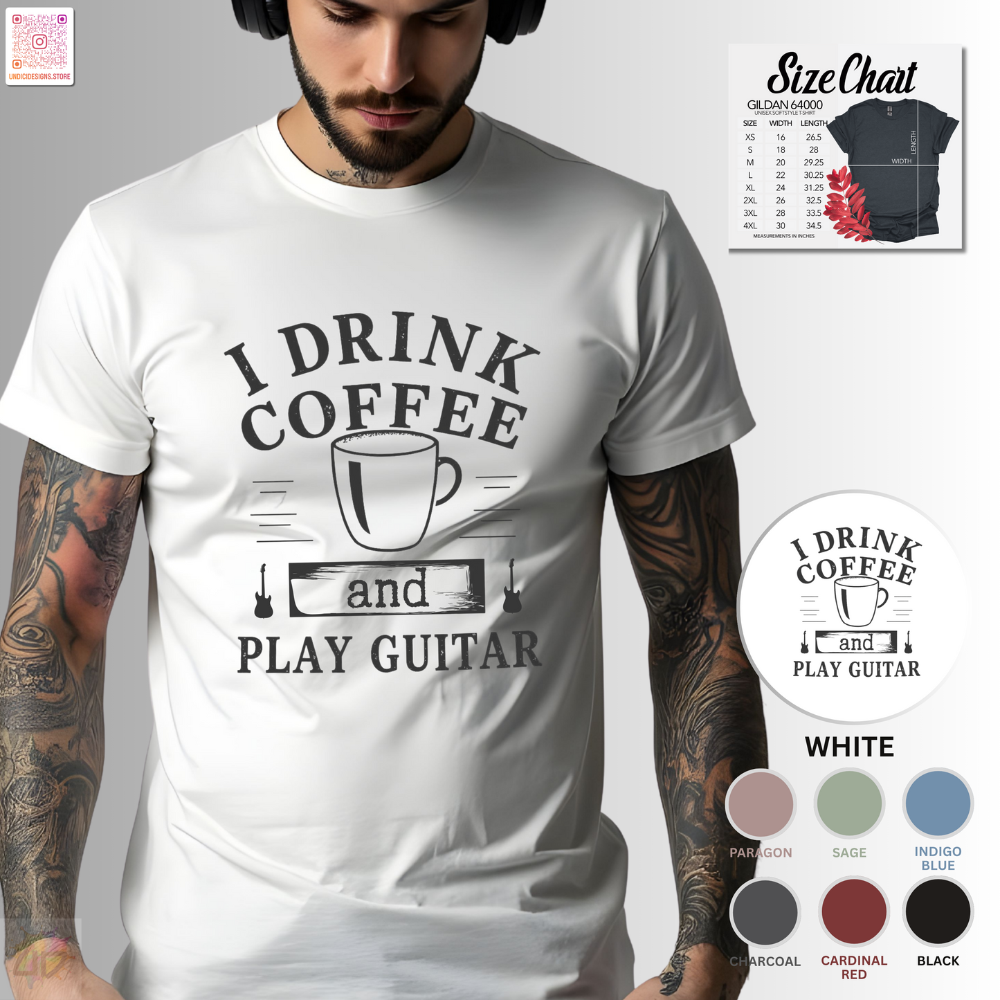 "I drink coffee and play guitar" graphic with coffee cup tee.