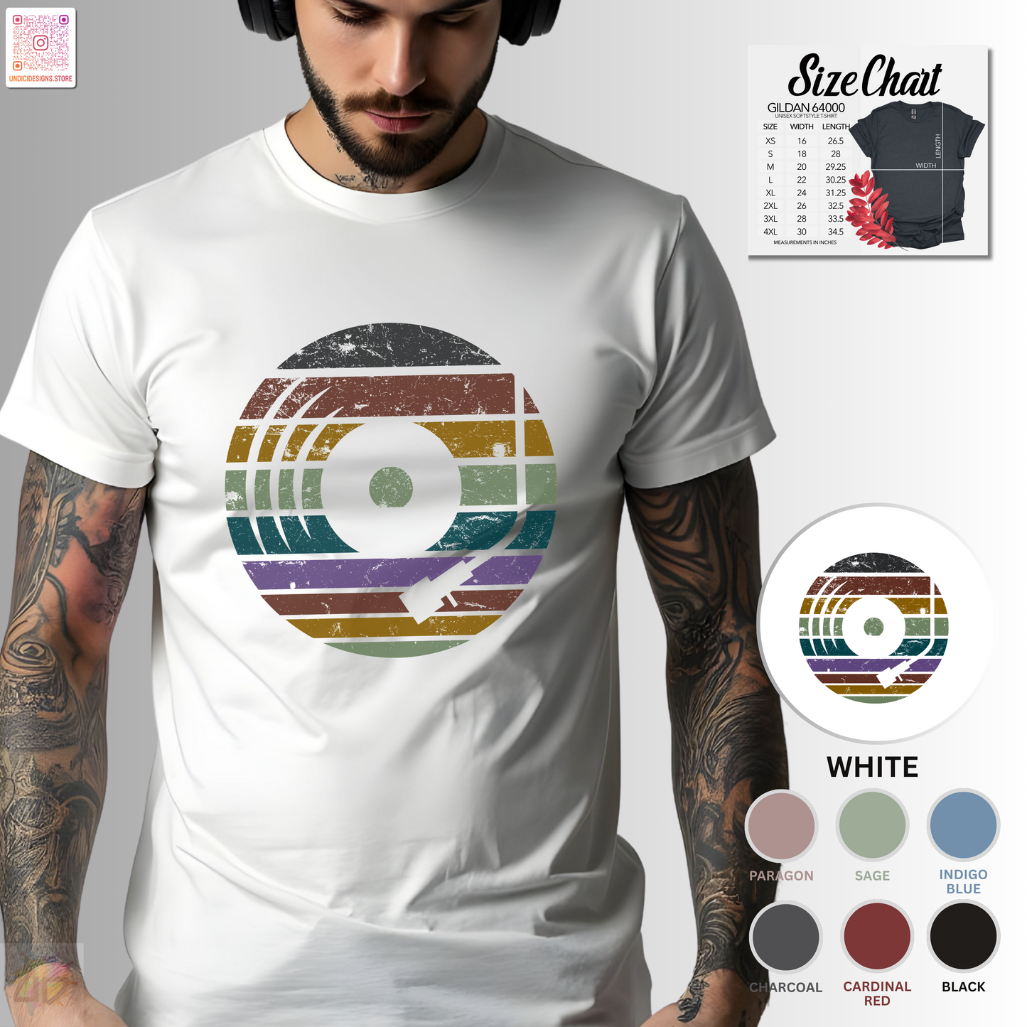 Vinyl record graphic in retro sunset tee.