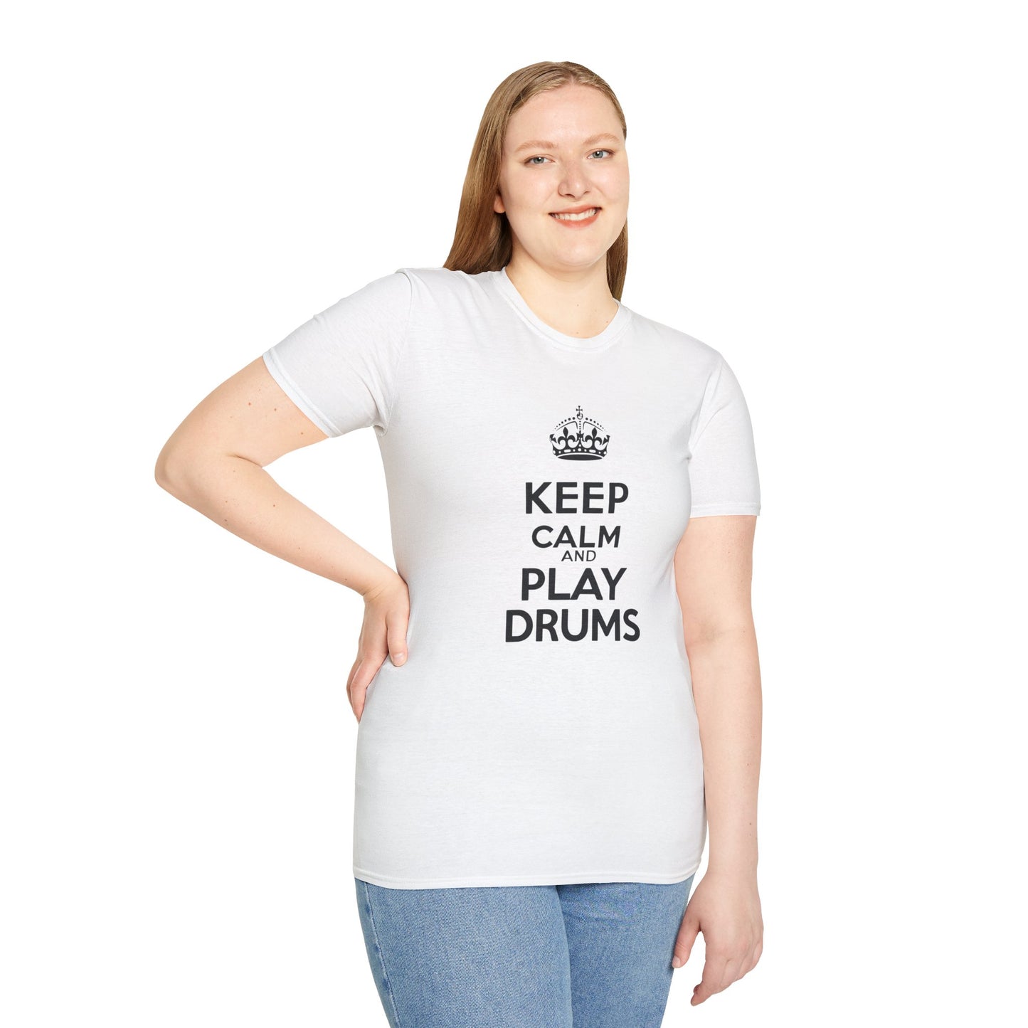 "Keep calm and play drums" text graphic tee.