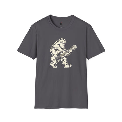 Yeti silhouette with Bass guitar in a cream-colored graphic.