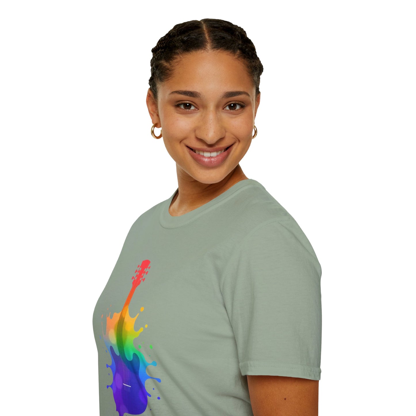 Colorful hollow body guitar in a vibrant splash graphic.