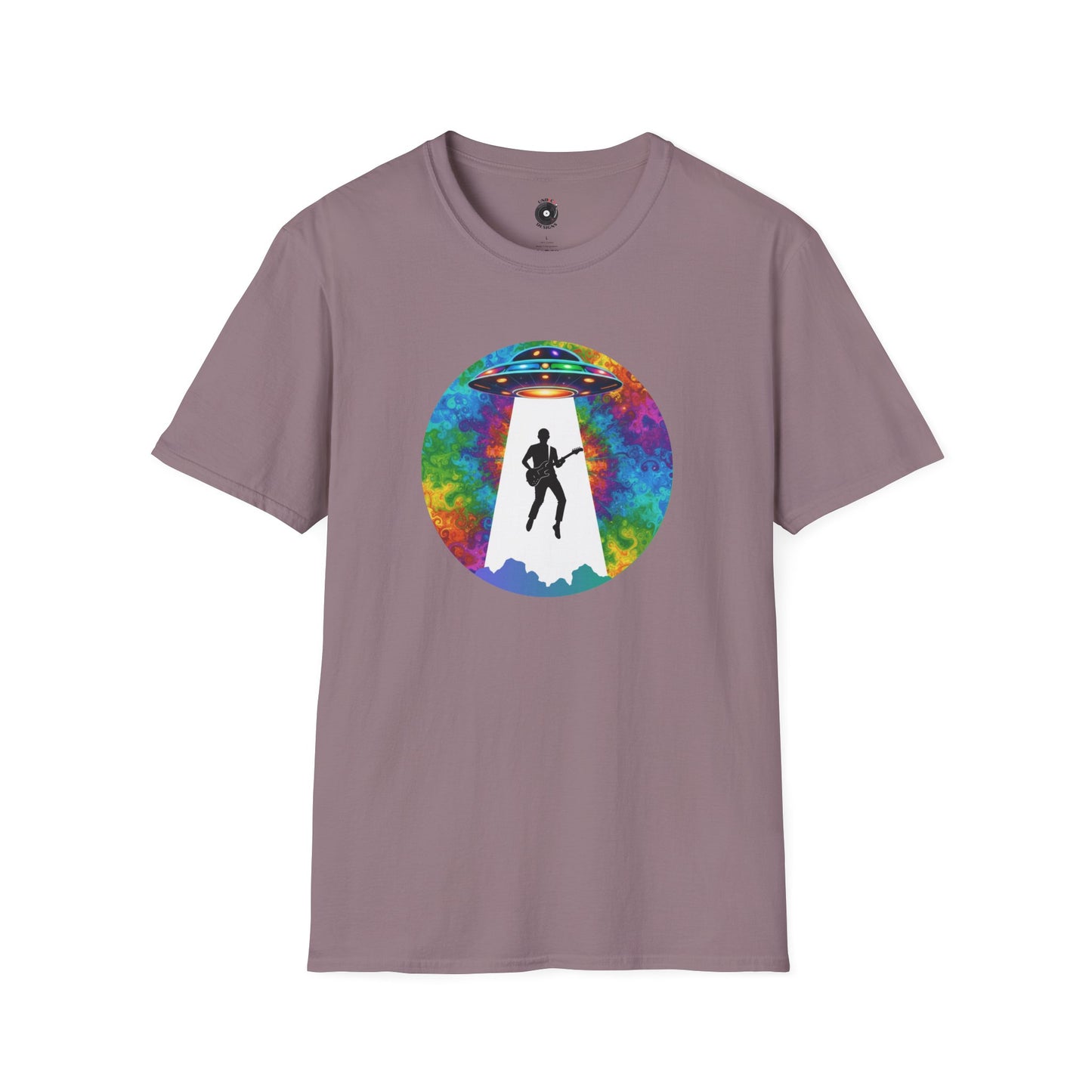 Guitarist Abduction in a Psychedelic Beam Graphic Tee.