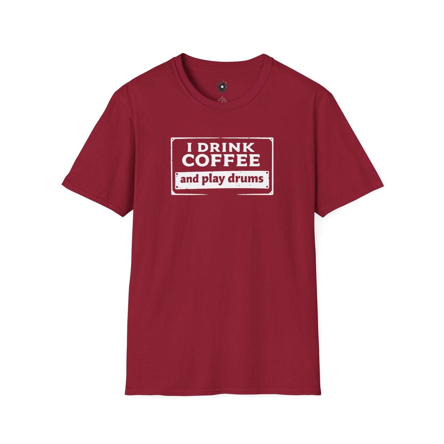 "I drink coffee and play drums" in a stamplike design