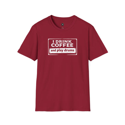 "I drink coffee and play drums" in a stamplike design