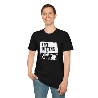 "I pet kittens and play the drums" in highlight graphic tee.