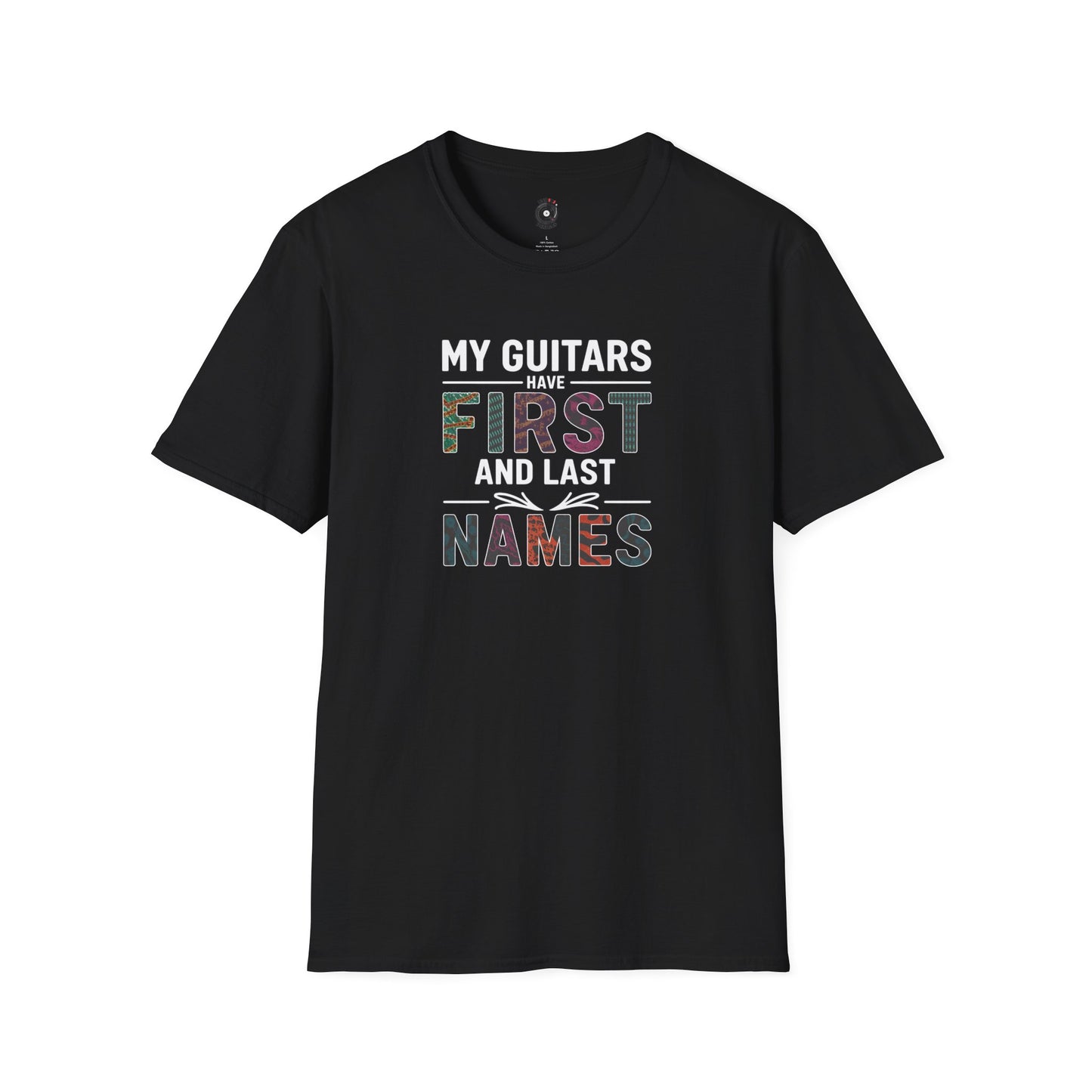 "My guitars have first and last names" colorful text graphic.