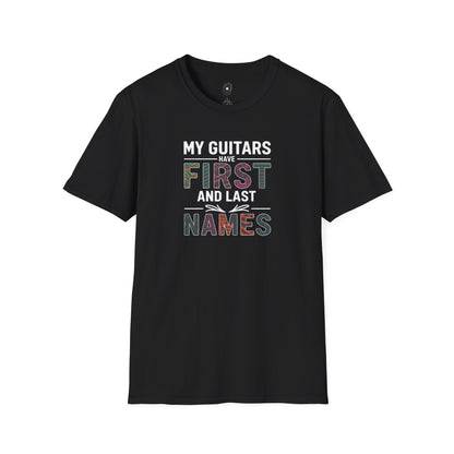 "My guitars have first and last names" colorful text graphic.