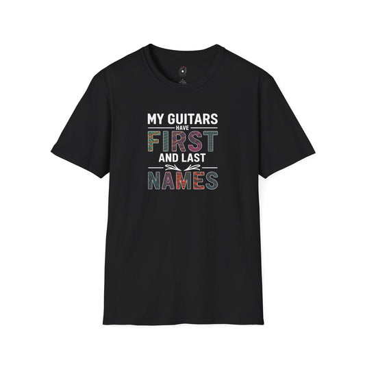 "My guitars have first and last names" colorful text graphic.