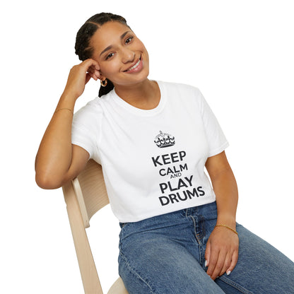 "Keep calm and play drums" text graphic tee.