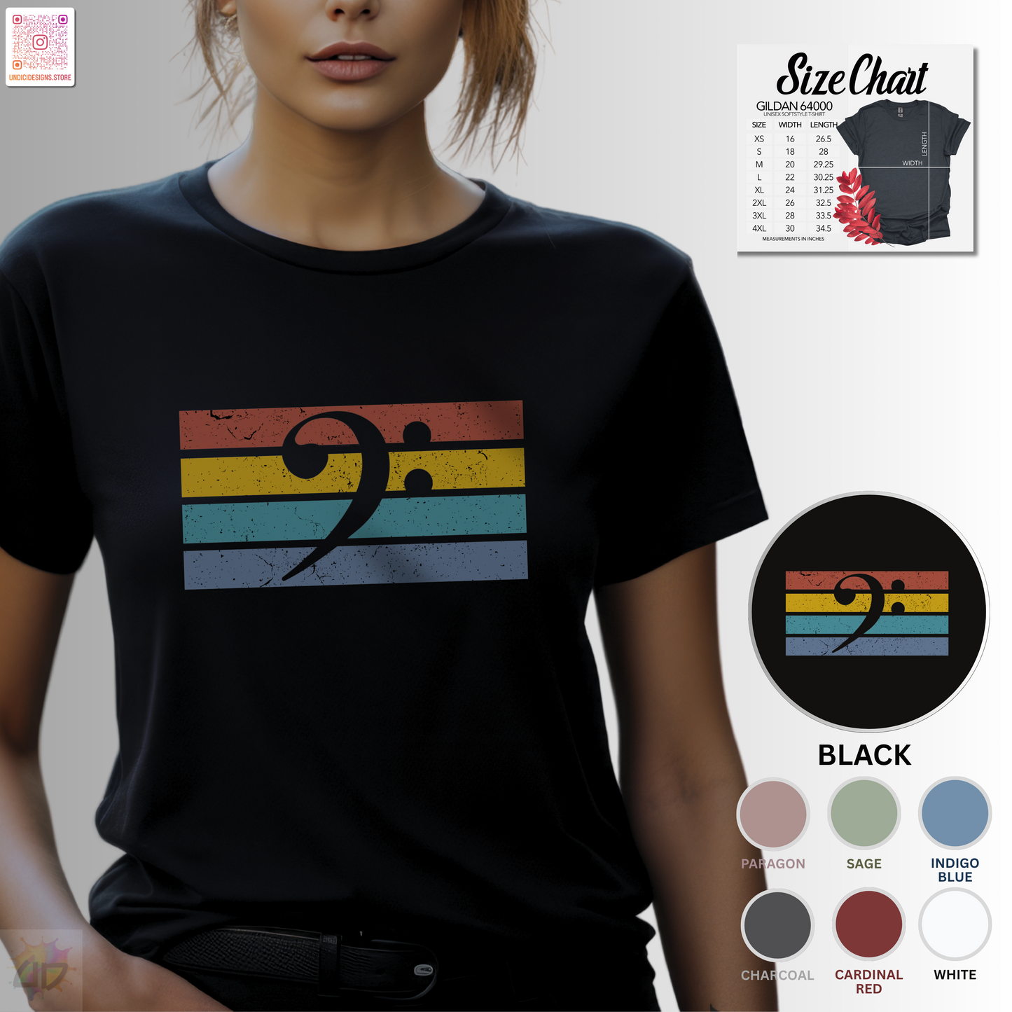 Bass clef on retro sunset graphic tee.