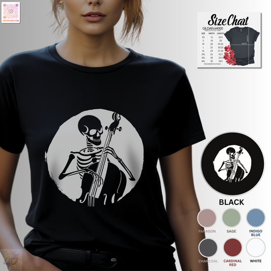 Skeleton silhouette playing upright bass in a circular background.