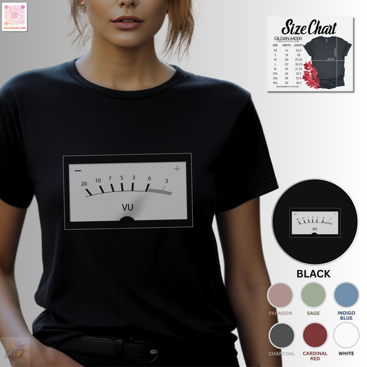 VU meter graphic in black and white.