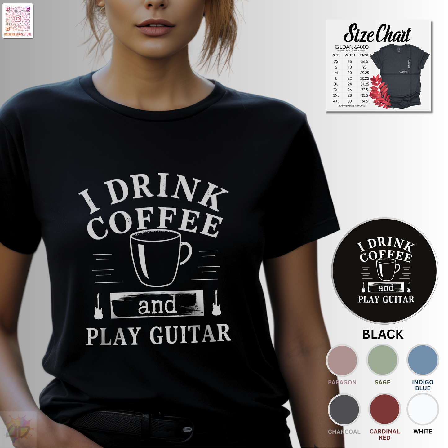 "I drink coffee and play guitar" graphic with coffee cup tee.
