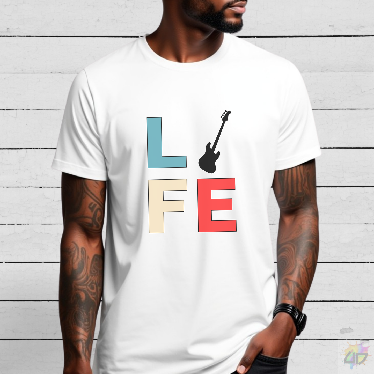 "LIFE" in Colorful Blocks with Bass Guitar Graphic Tee.