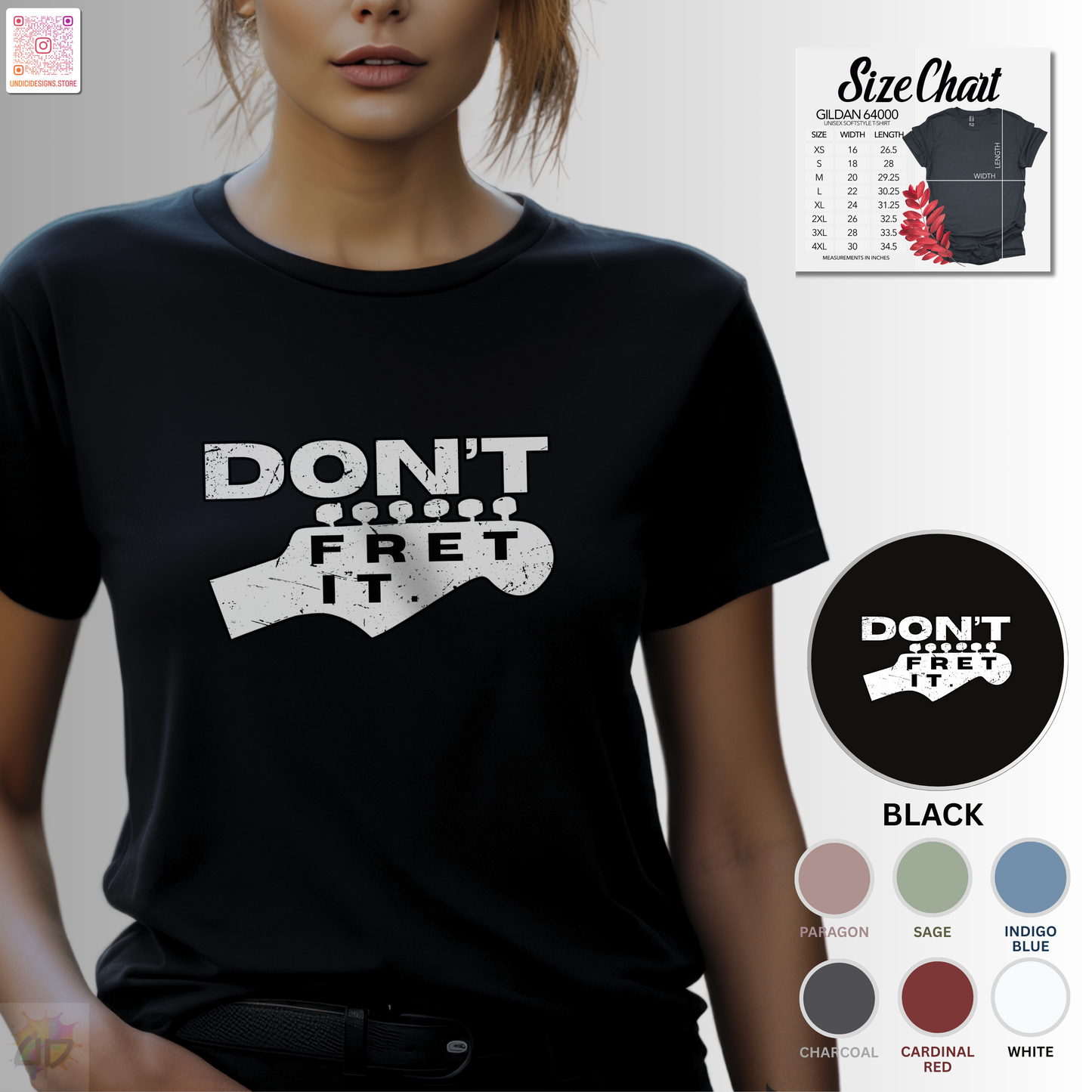 "Don't fret it" guitar headstock graphic tee.