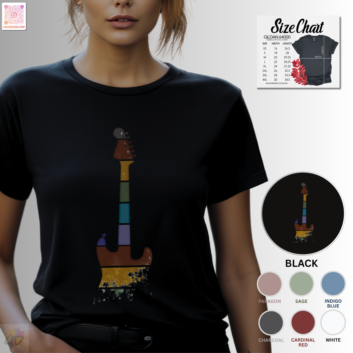 Retro sunset grunge strat style guitar silhouette graphic tee.