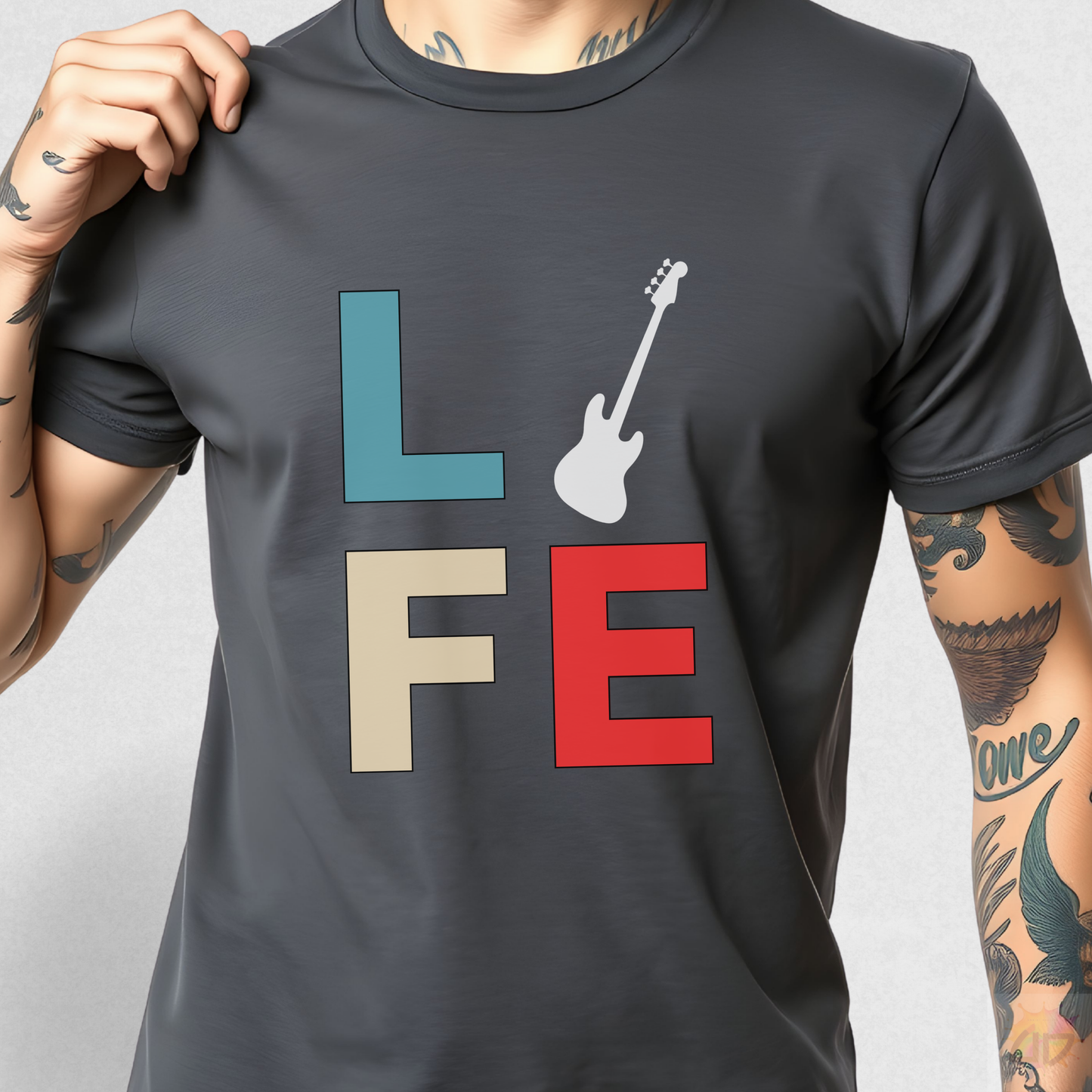 "LIFE" in Colorful Blocks with Bass Guitar Graphic Tee.