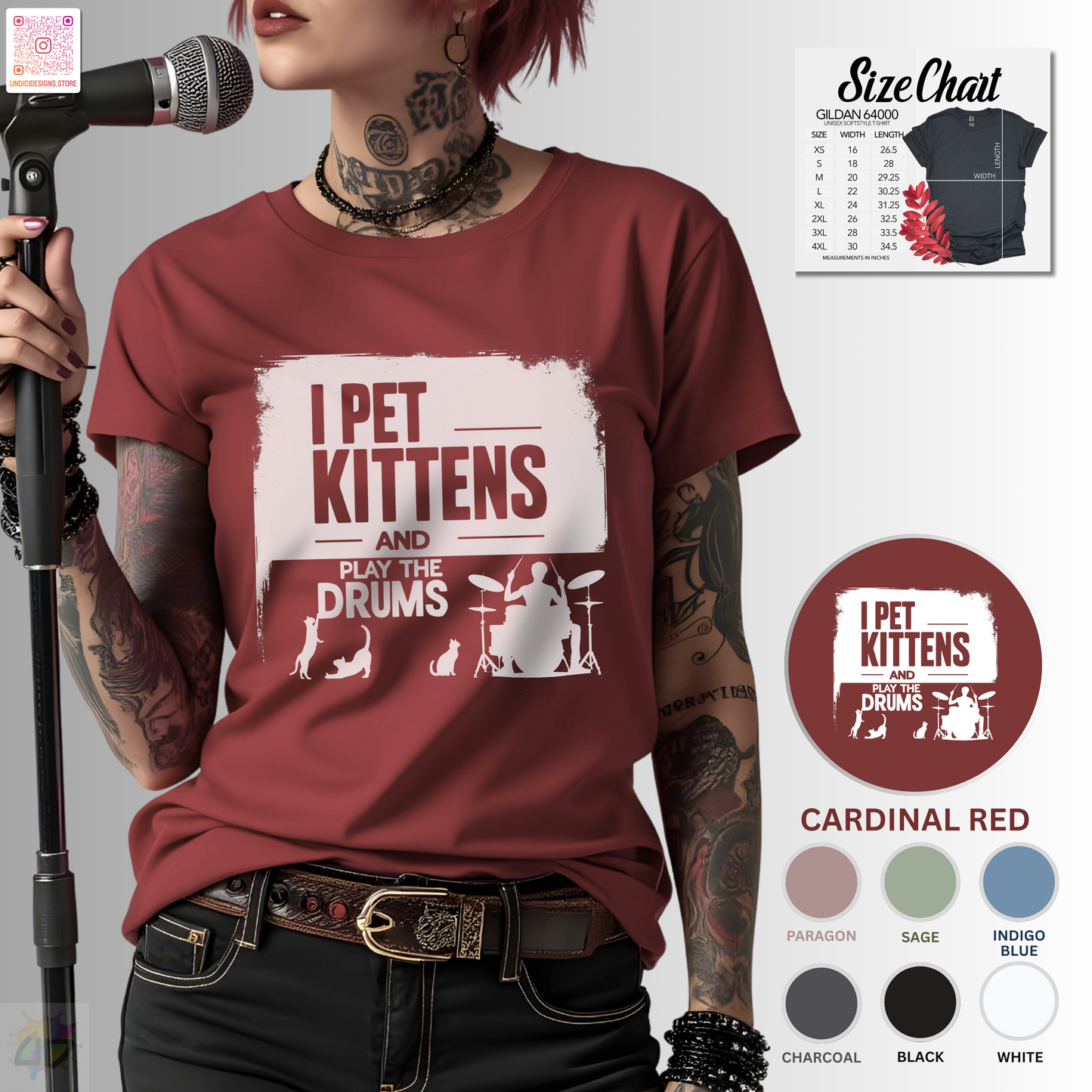 "I pet kittens and play the drums" in highlight graphic tee.