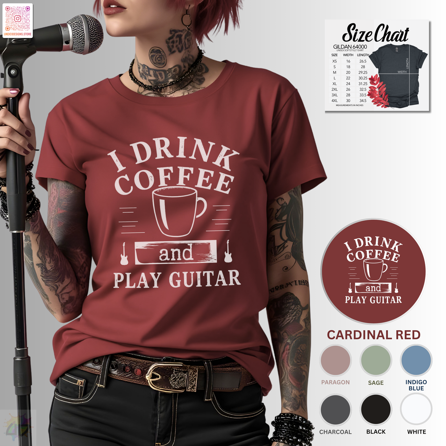 "I drink coffee and play guitar" graphic with coffee cup tee.