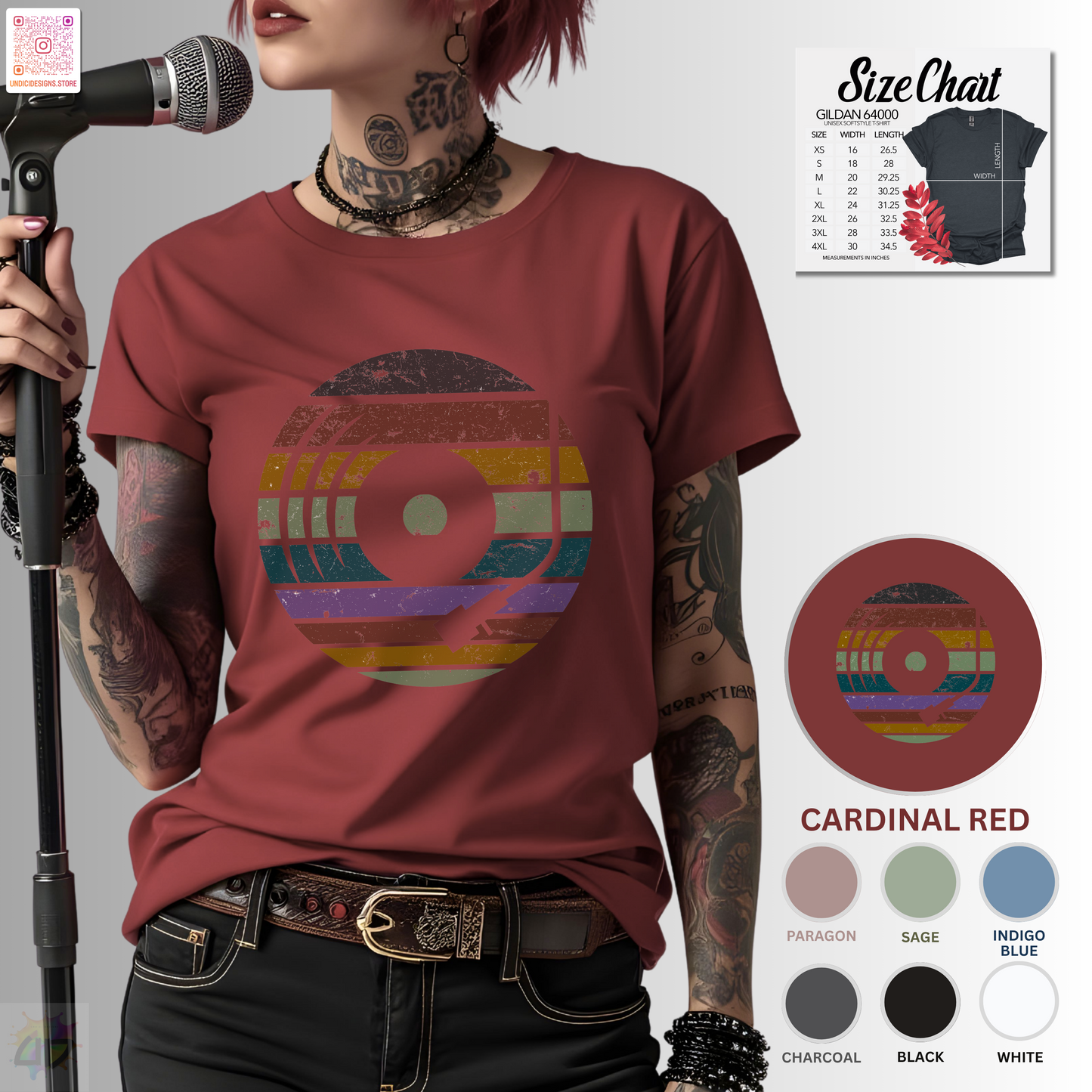 Vinyl record graphic in retro sunset tee.