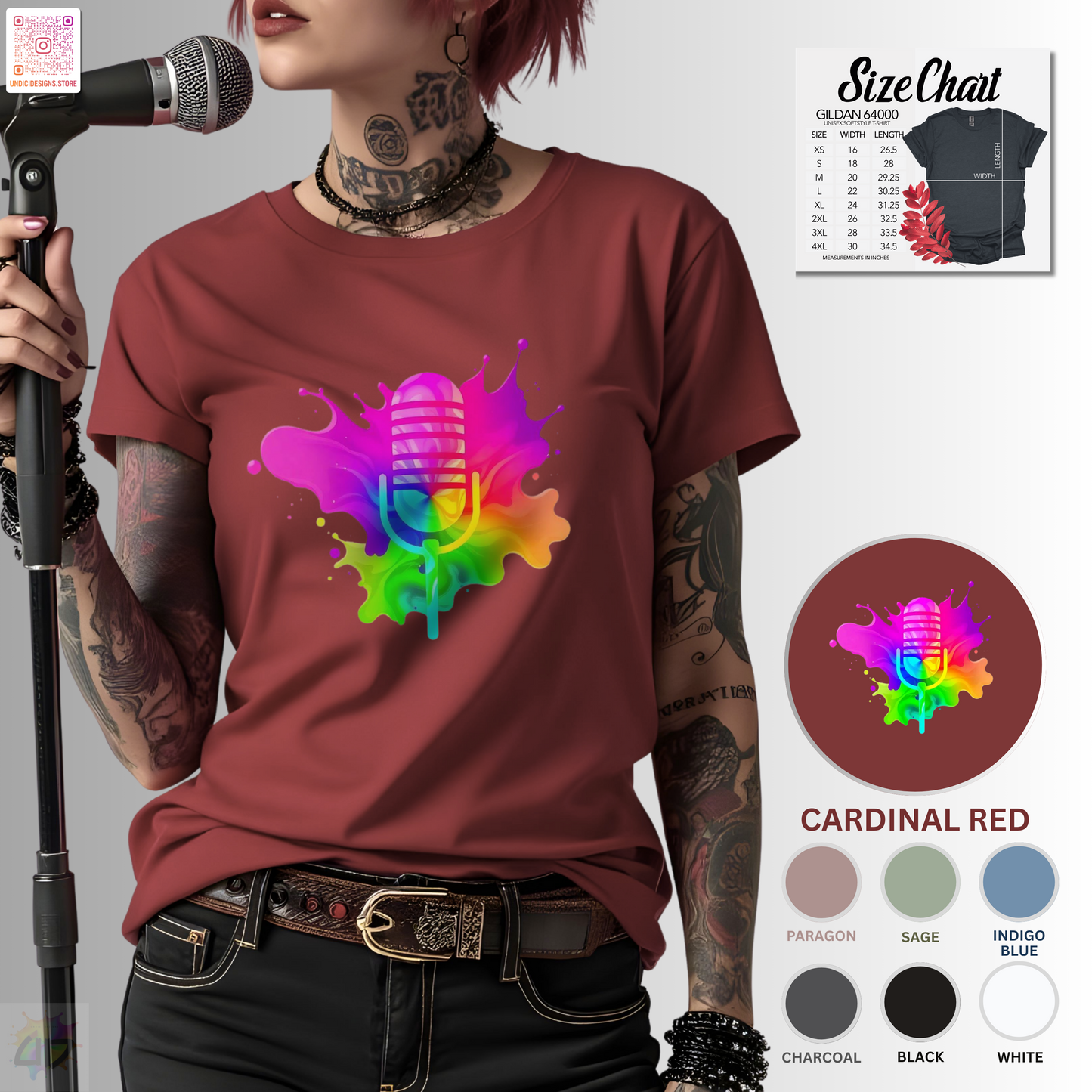 Colorful microphone in a vibrant splash graphic tee.